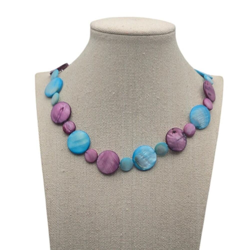 Purple Blue Disc Bead Necklace Colorful - Coastal Boho